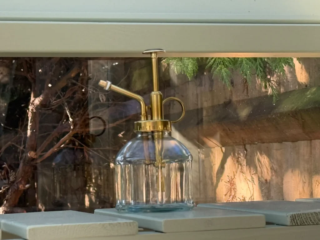 A glass and brass plant mister on a pale green shelf, lit by low golden sunlight