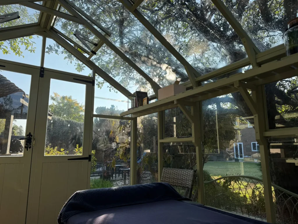 Inside the glasshouse treatment room: a treatment bed with a navy blanket beneath a glass roof, sunlight filtering through tree branches and the garden doors beyond
